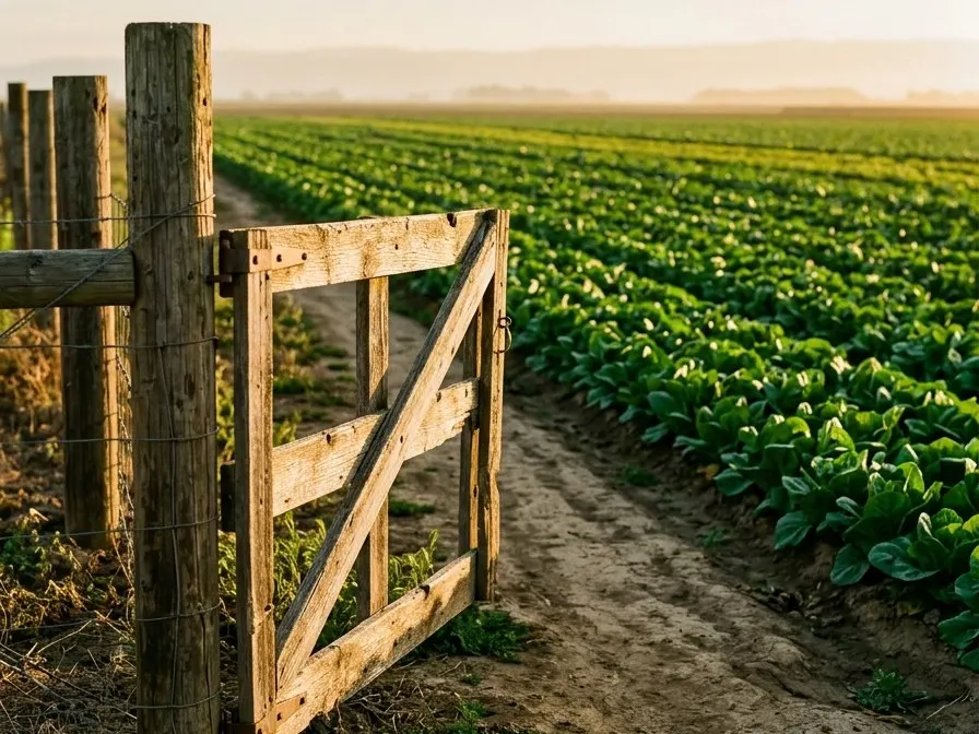 A weathered farm gate and dirt track leading into a green field at golden hour.