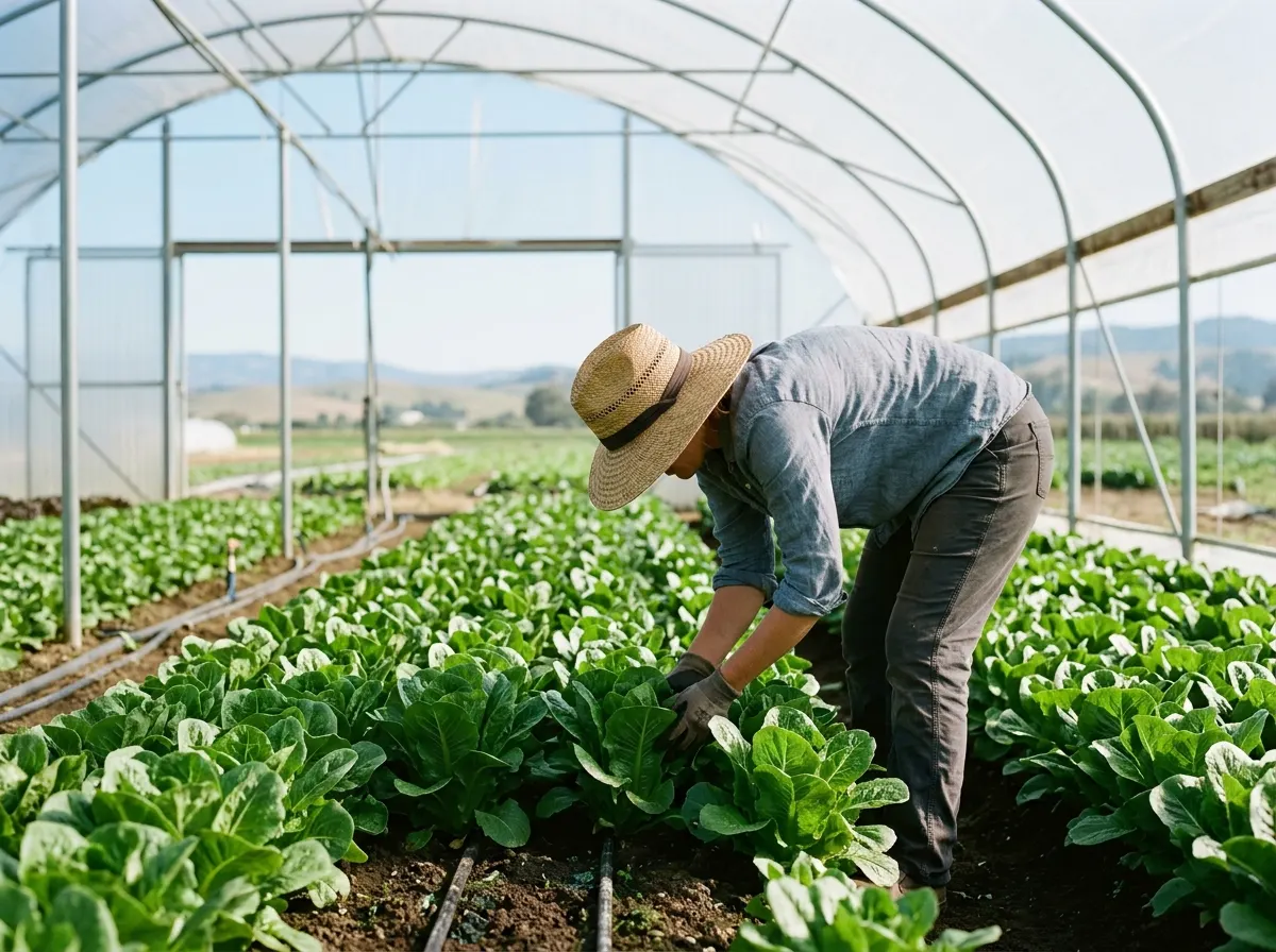 A grower in a straw hat checking a row of lettuce under a greenhouse roof.