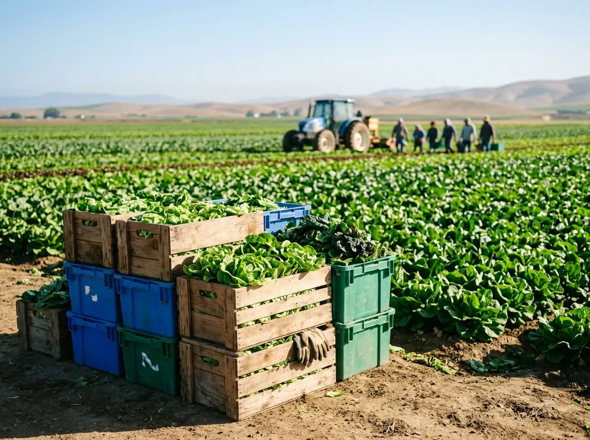 Stacked harvest crates full of freshly cut lettuce at the edge of a field.