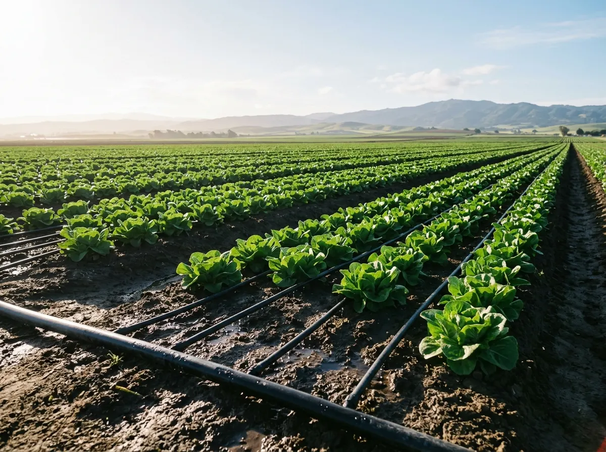 Drip irrigation lines running away down long rows of young lettuce.