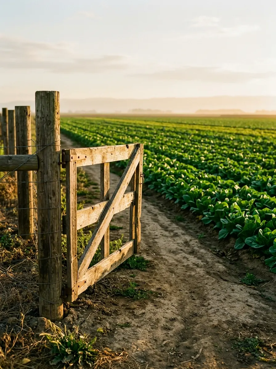 A weathered farm gate and dirt track leading into a green field at golden hour.