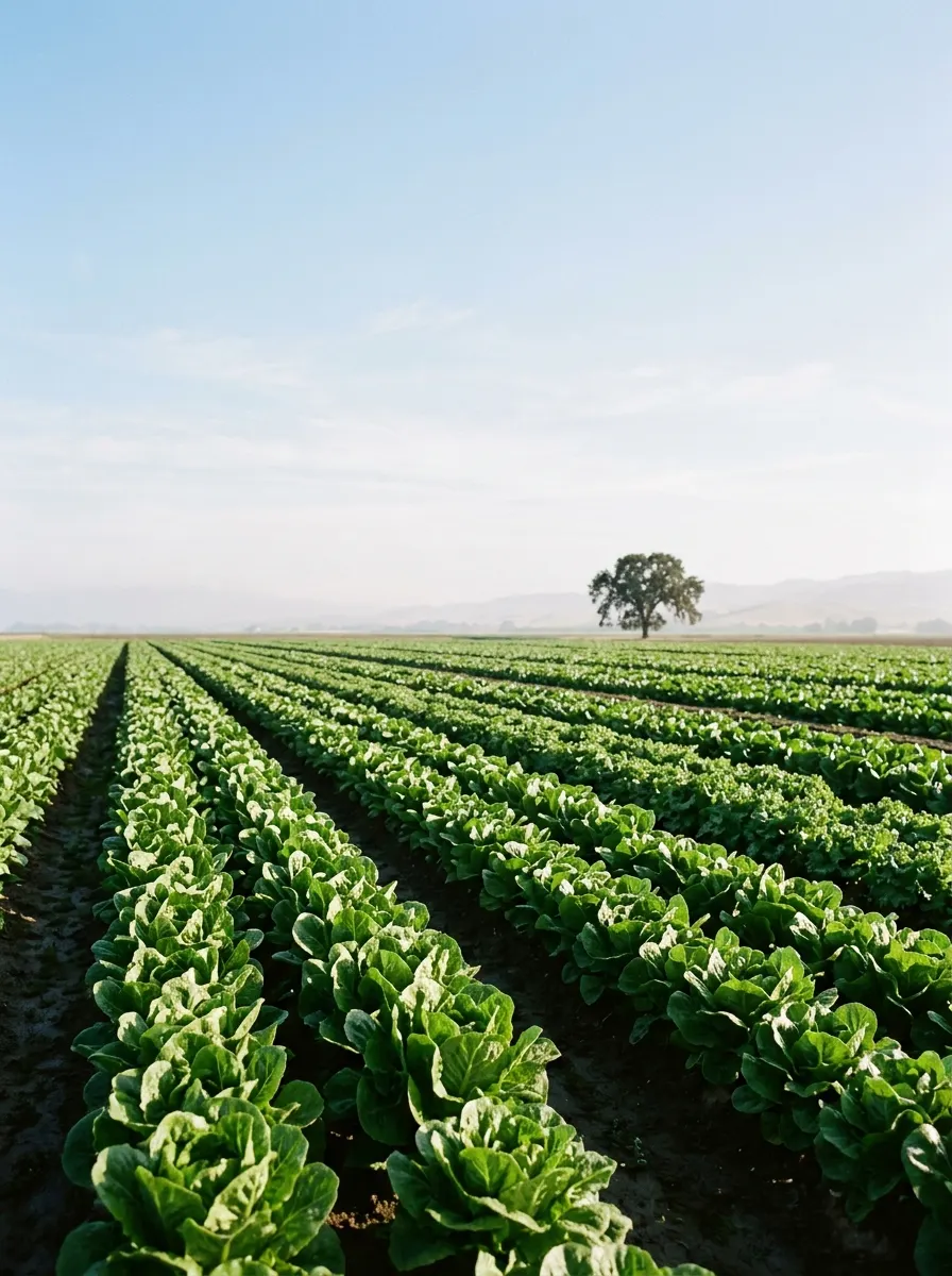 A grower in a straw hat checking a row of lettuce under a greenhouse roof.