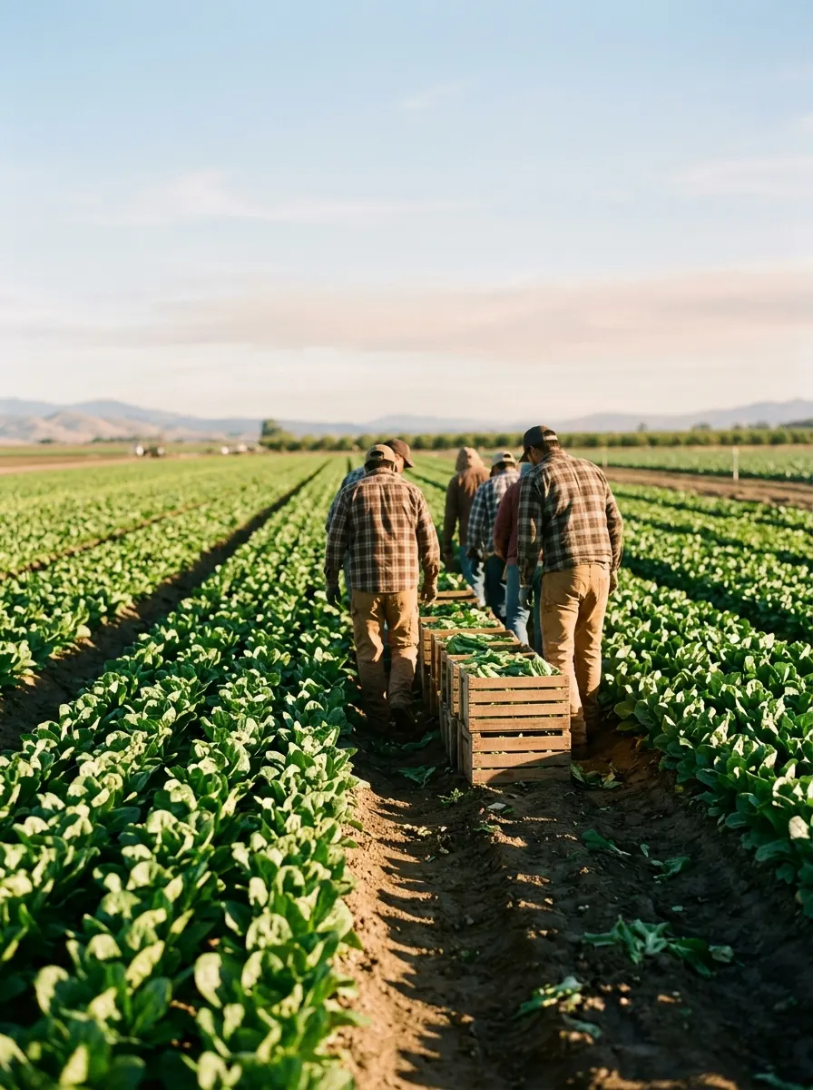 Stacked harvest crates full of freshly cut lettuce at the edge of a field.