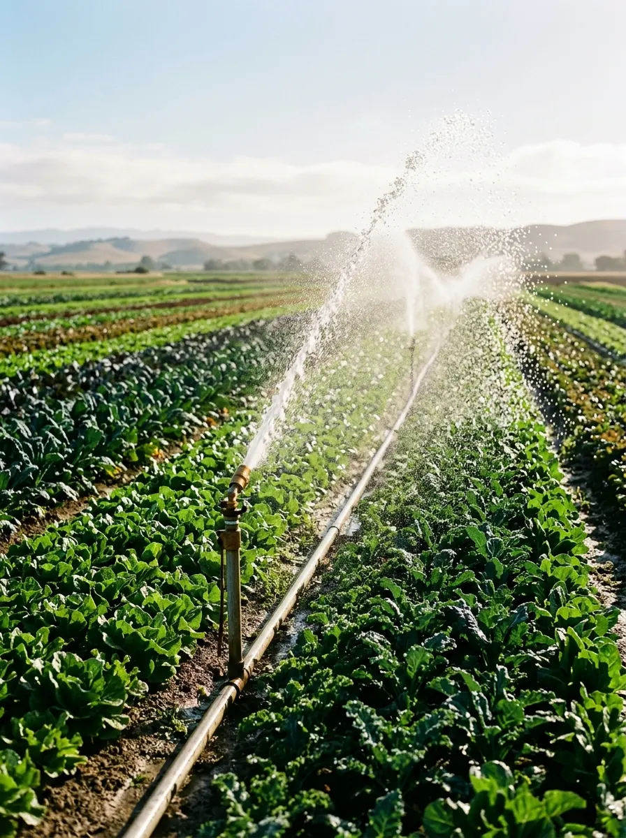 Drip irrigation lines running away down long rows of young lettuce.
