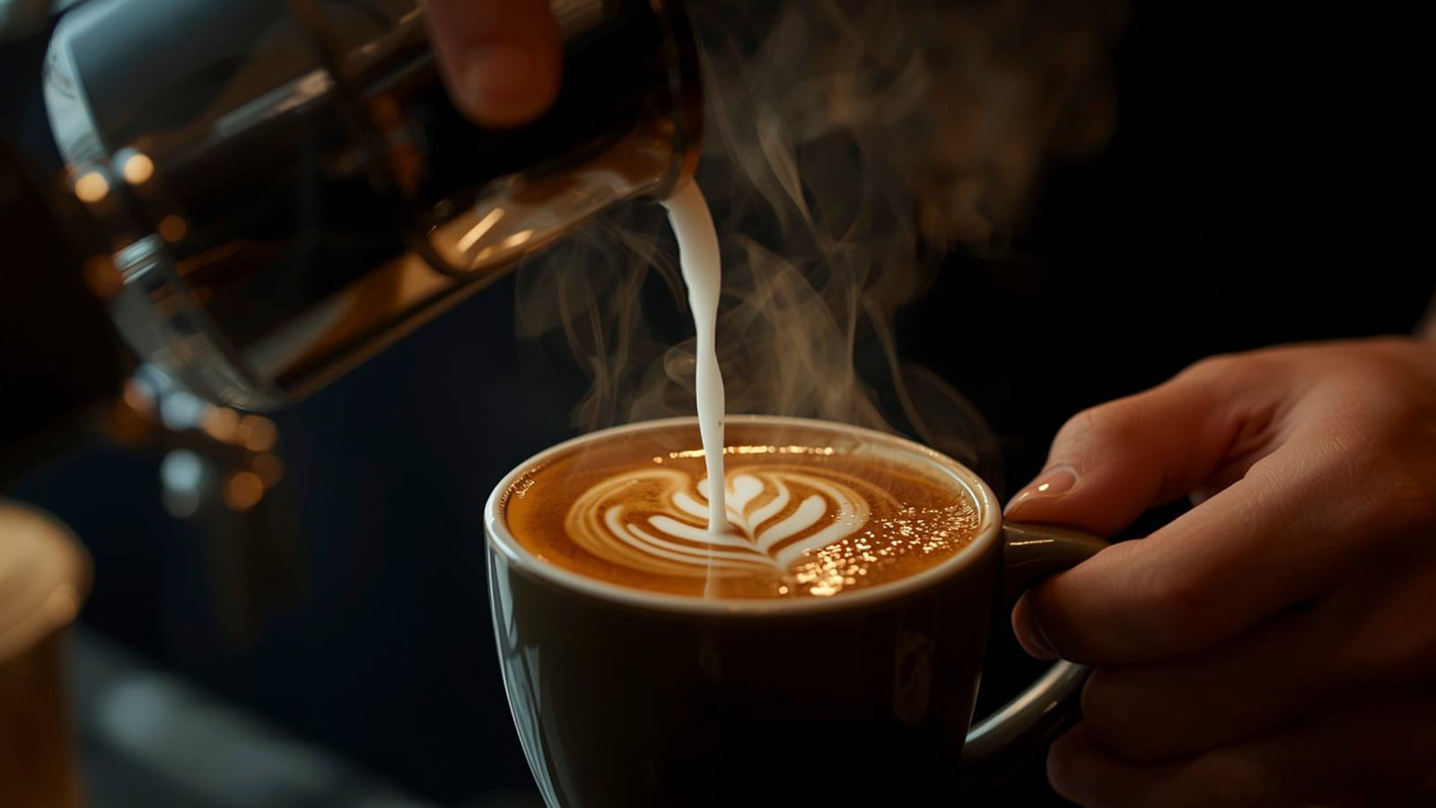 Steamed milk being poured into a cup of espresso, latte art forming