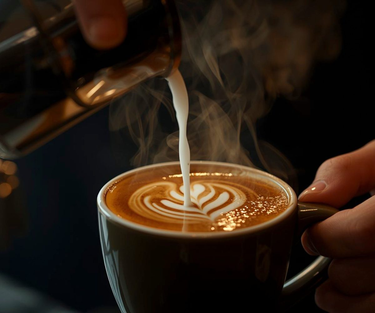Steamed milk being poured into a cup of espresso, latte art forming