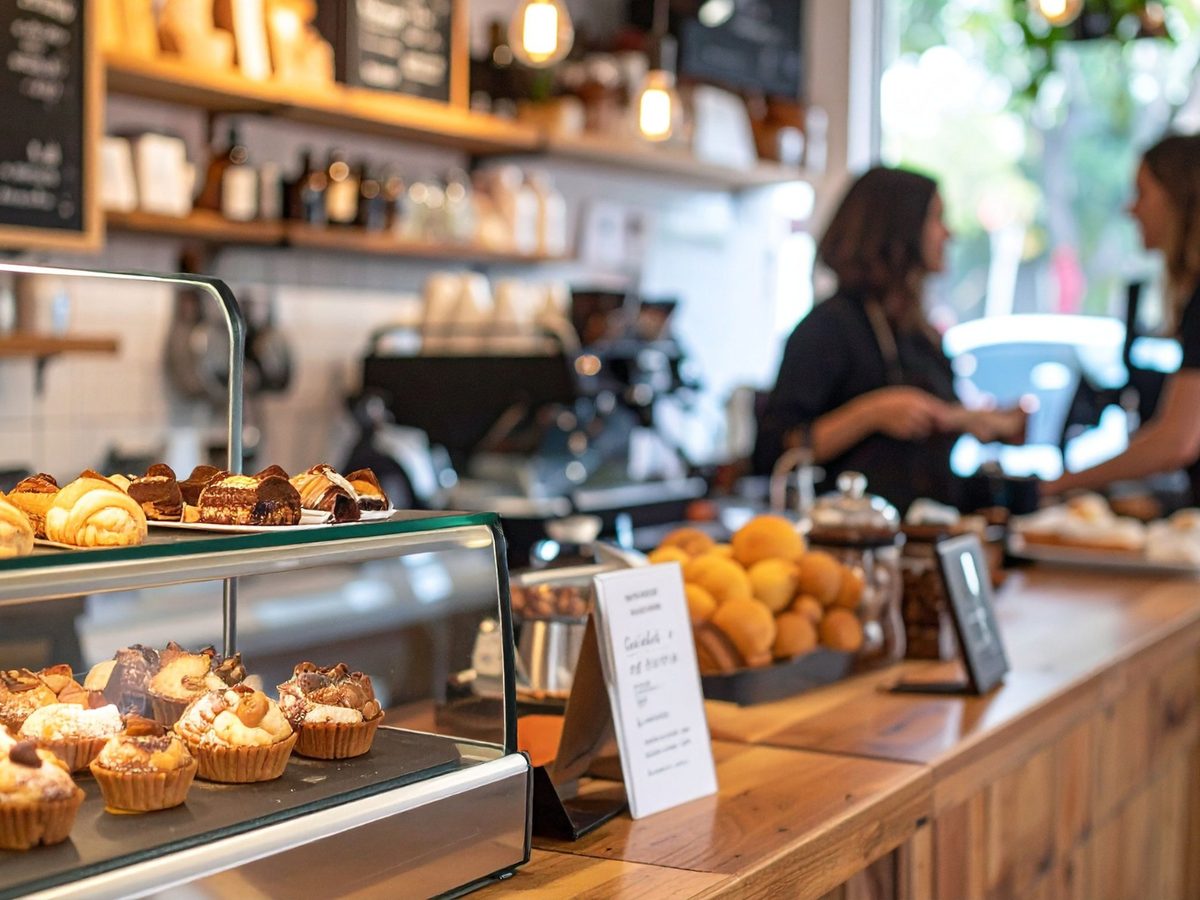 The pastry case at the counter, tarts and croissants under glass