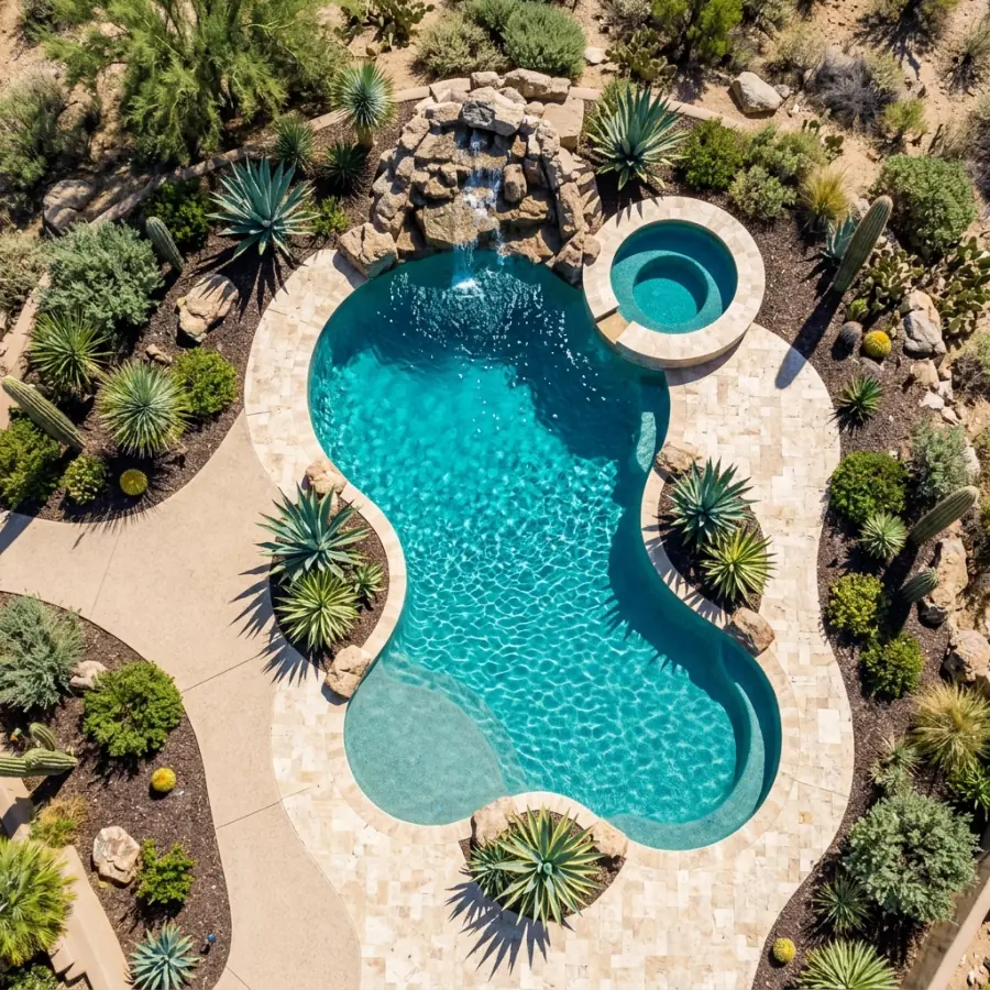 Overhead view of a freeform pool with a raised spa and rock waterfall