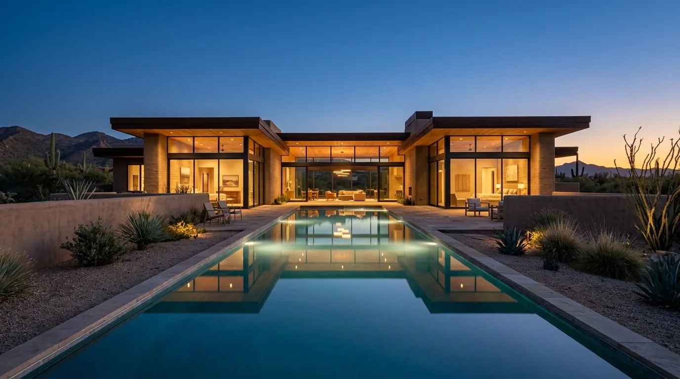 A modern Southwest house at blue hour reflected in a long rectangular lap pool