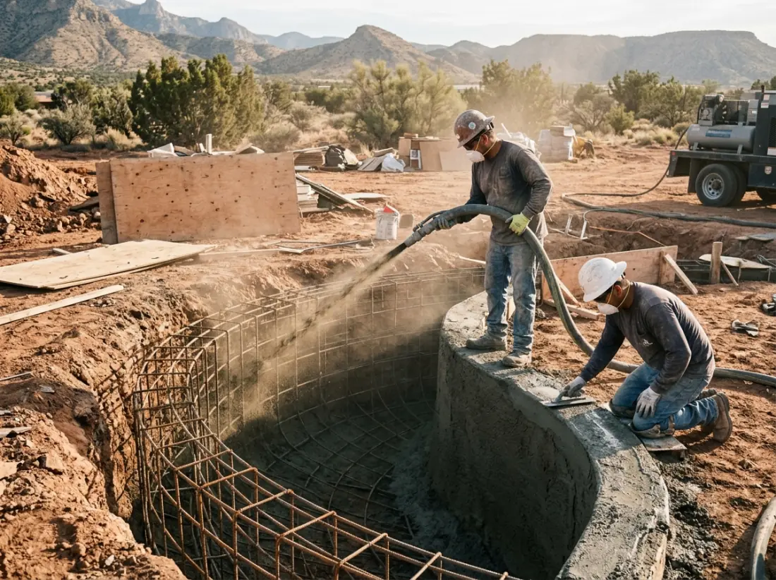 A crew spraying gunite into an excavated pool shell on a desert lot