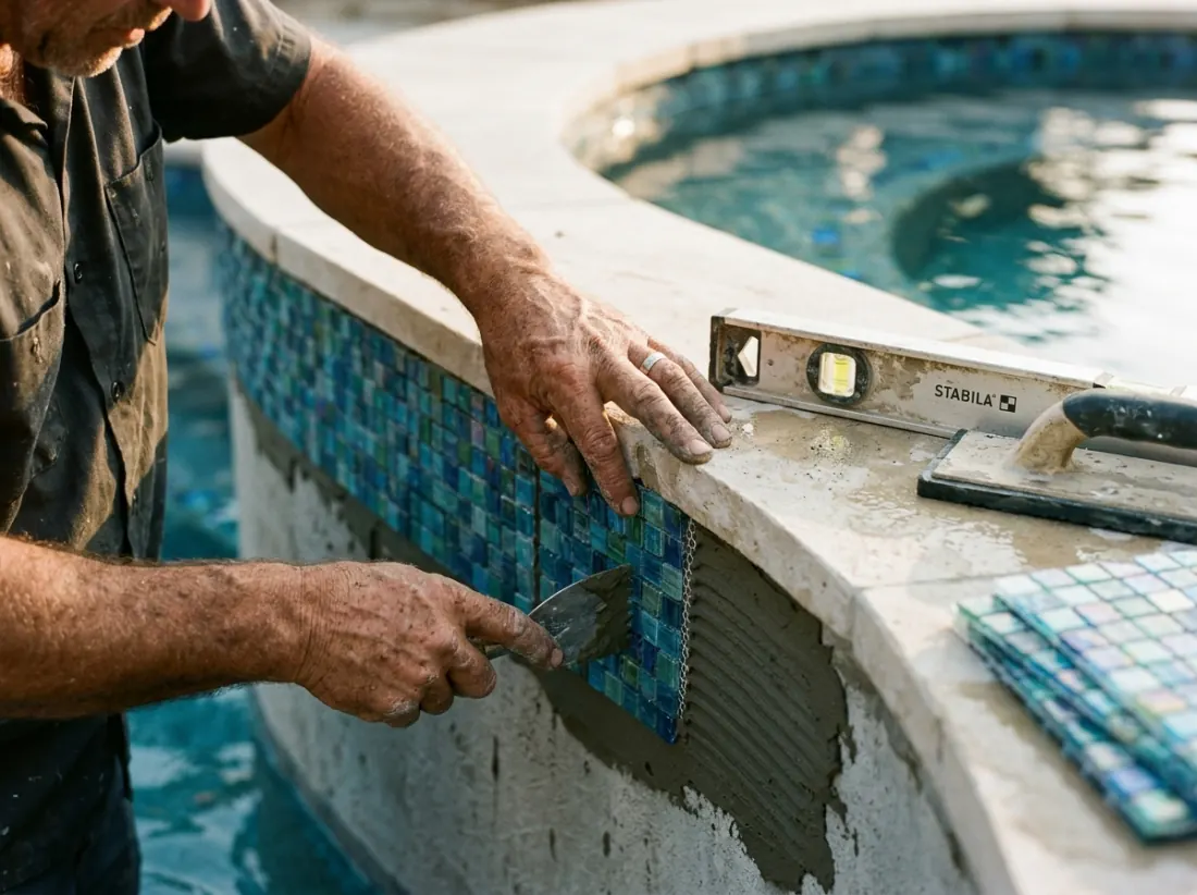 A craftsman setting mosaic tile by hand along a waterline