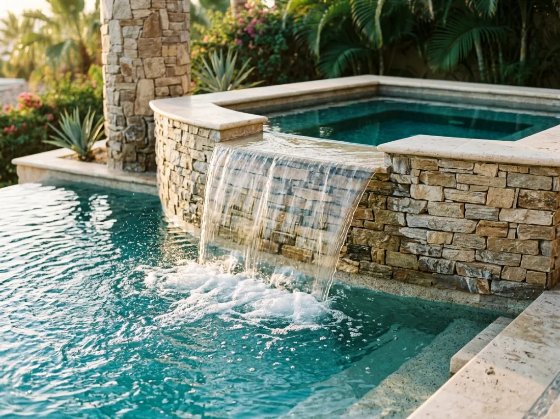 A raised spa spilling a sheet of water into a pool