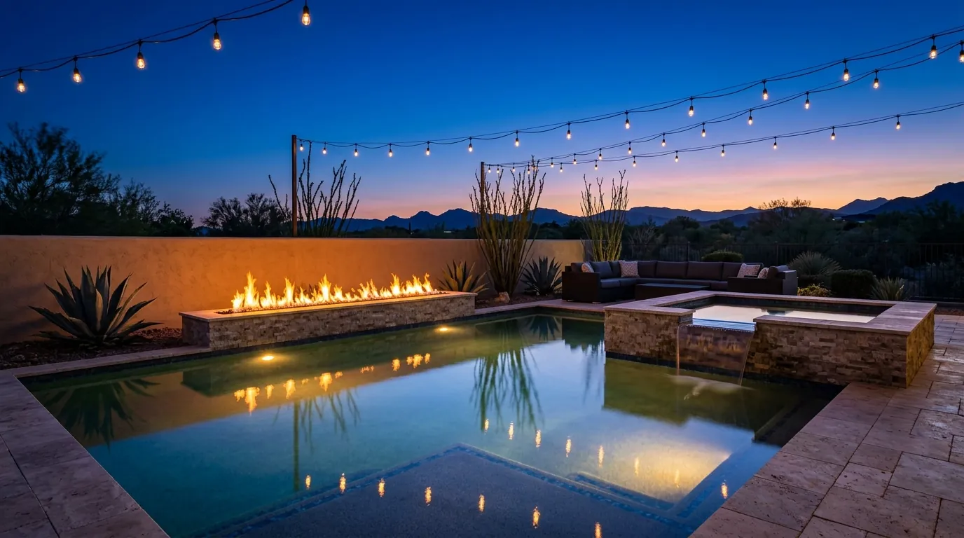 A desert pool glowing at blue hour with a linear fire feature and string lights