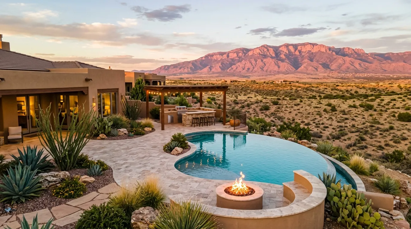 Aerial view at golden hour of a custom desert pool with a fire pit, pergola and mountains beyond