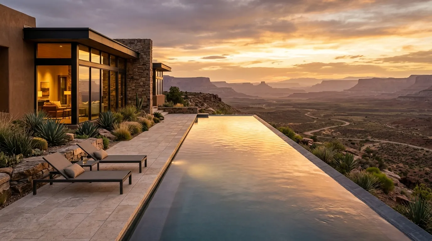 A vanishing-edge pool on a desert ridge at sunset overlooking a wide valley