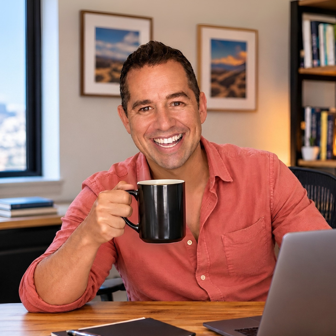 Oz Luv at his desk in a pink shirt, smiling, raising a coffee mug