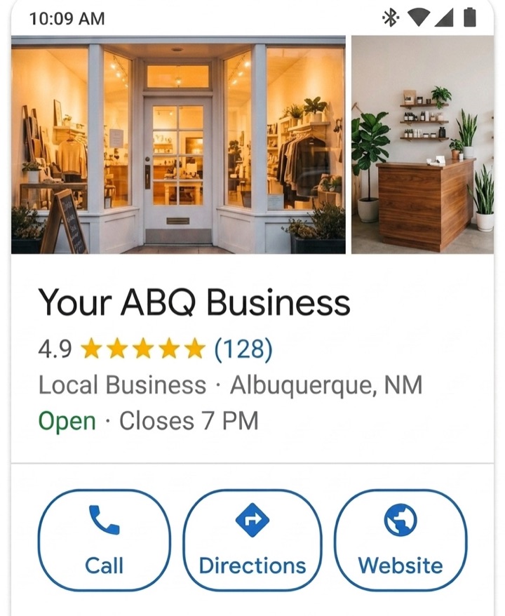 Example of an upgraded Google Business listing: Your ABQ Business, 4.9 stars from 128 reviews, open now, with Call, Directions and Website buttons