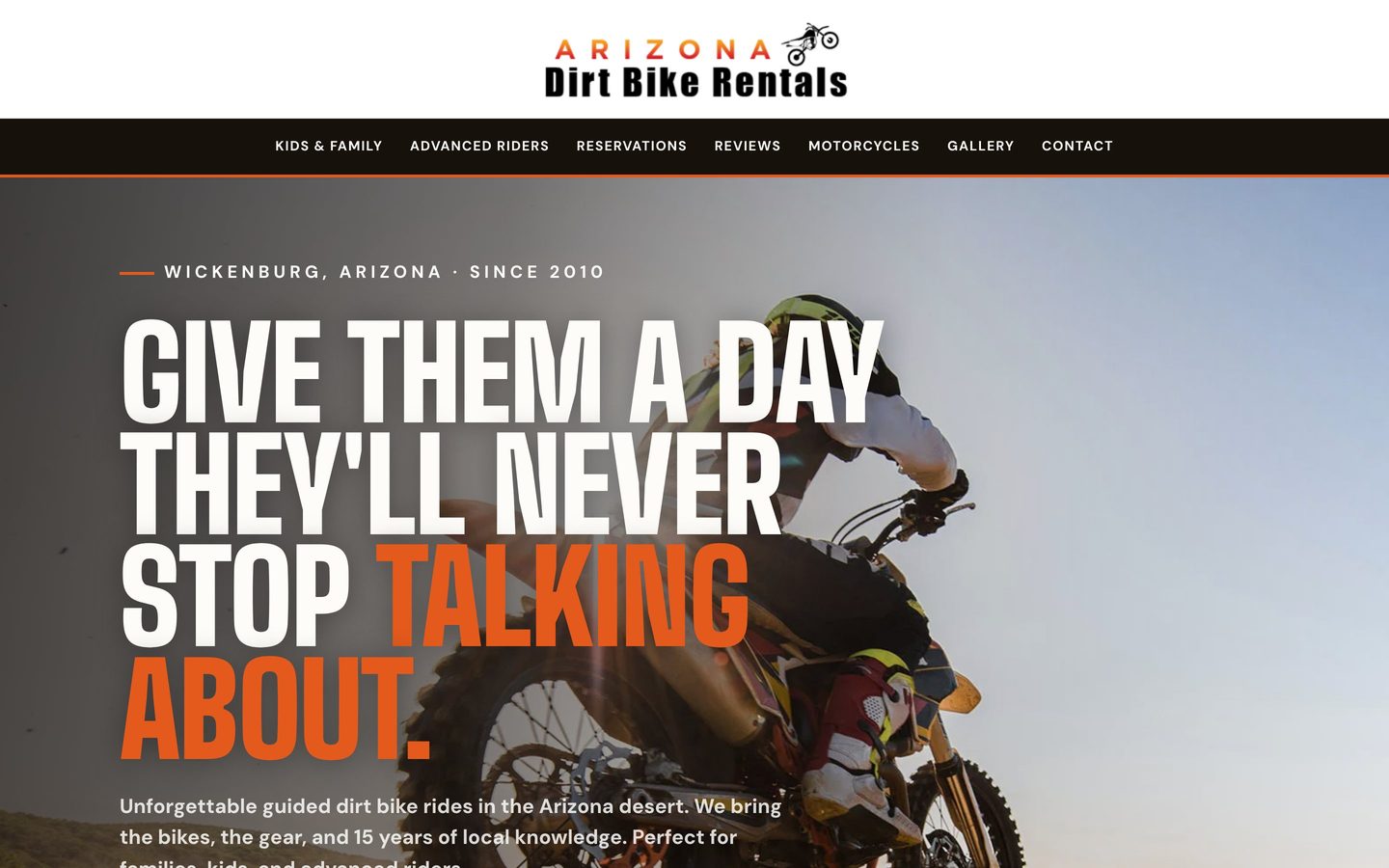 Arizona Dirt Bike Rentals homepage on a desktop screen