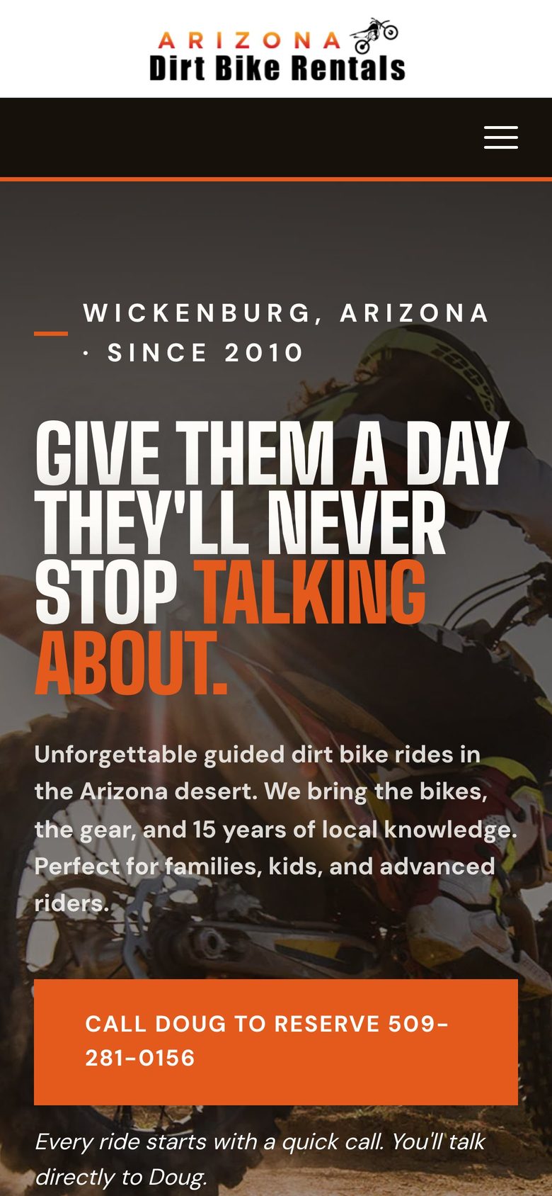 Arizona Dirt Bike Rentals homepage on a phone