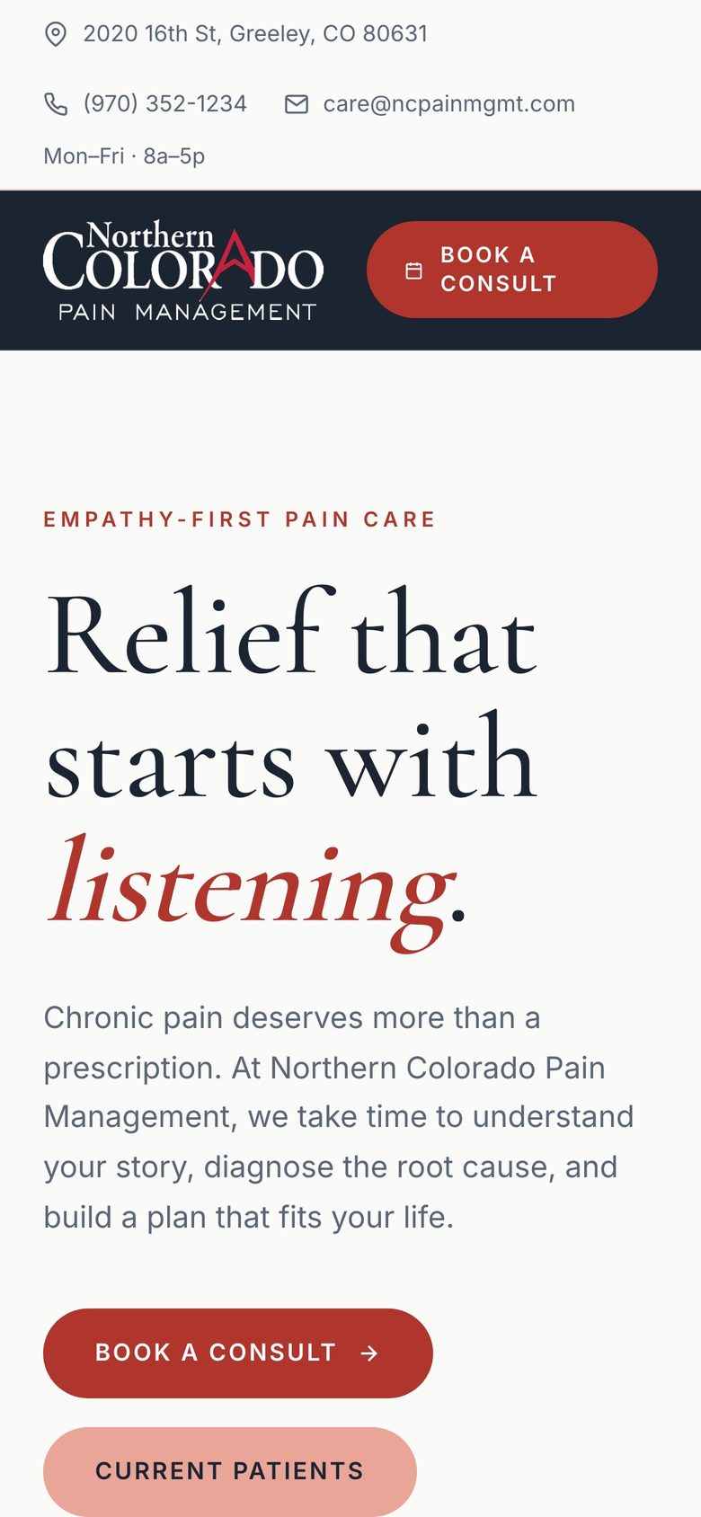 Northern Colorado Pain Management homepage on a phone