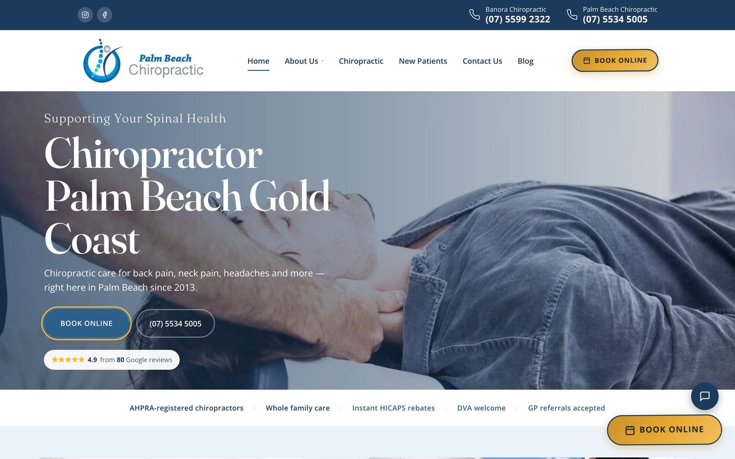 Palm Beach Chiropractic homepage on a desktop screen