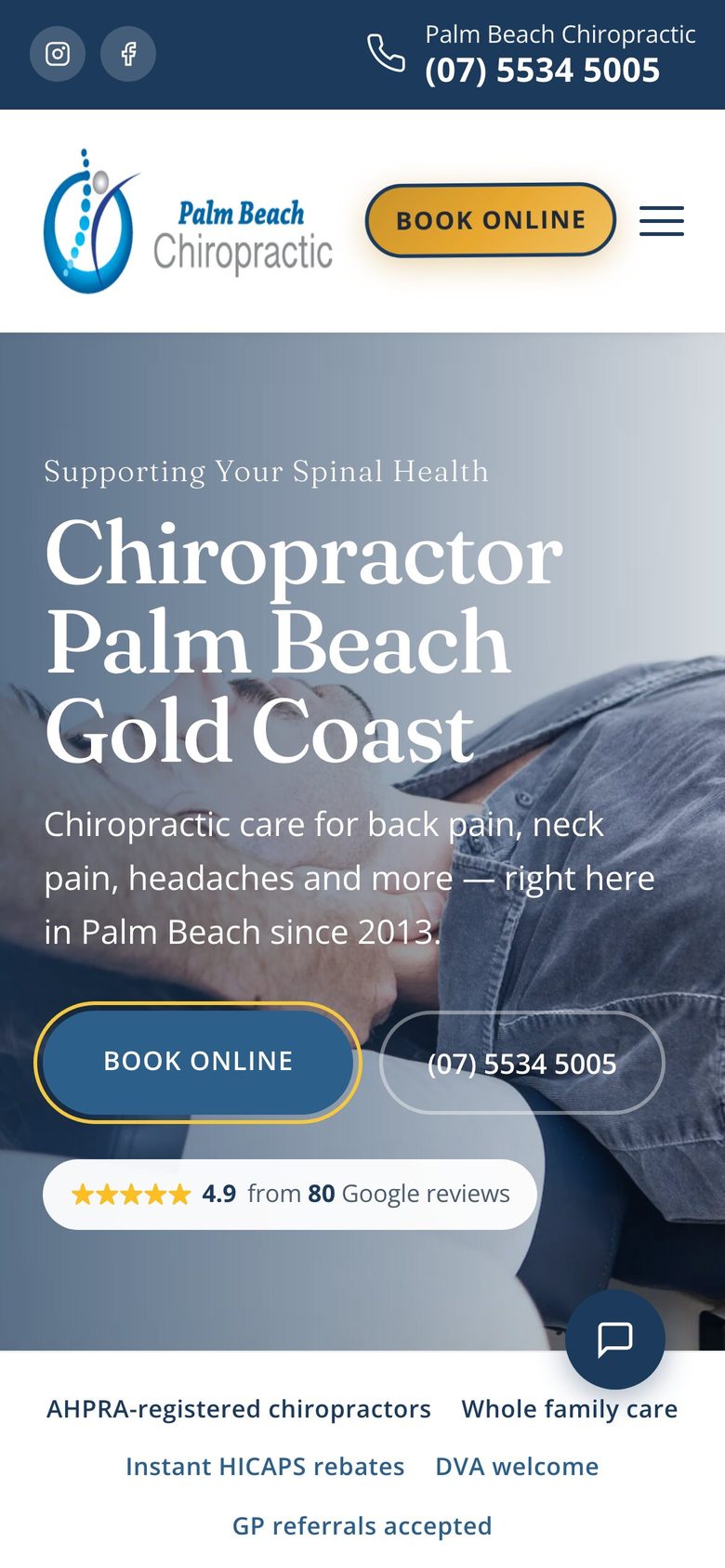 Palm Beach Chiropractic homepage on a phone