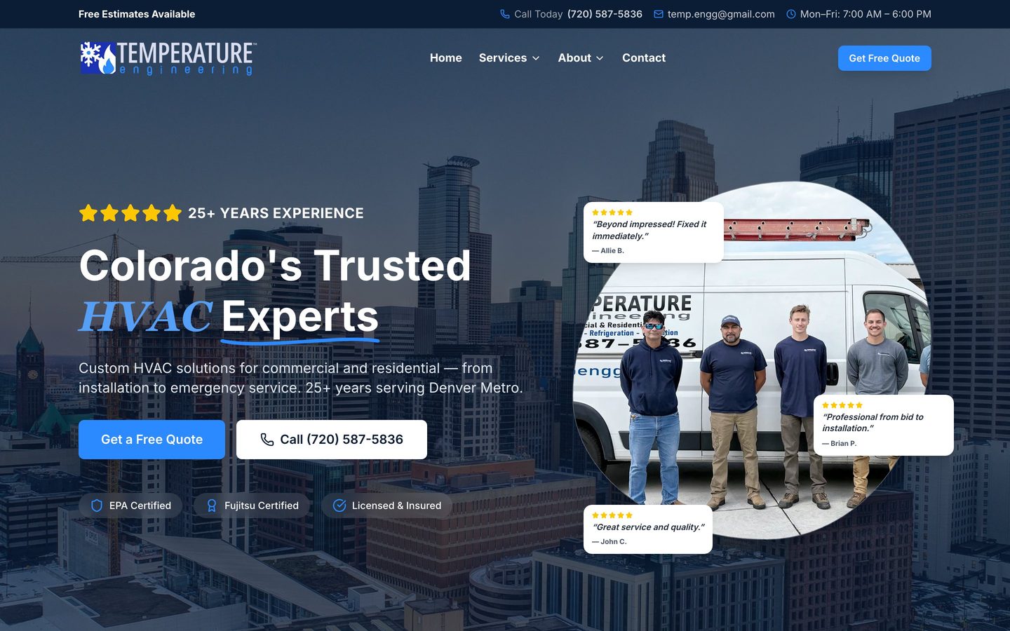 Temperature Engineering homepage on a desktop screen