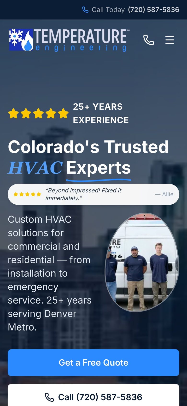 Temperature Engineering homepage on a phone