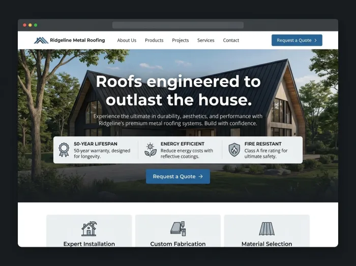 Ridgeline Metal — Roofing website design concept